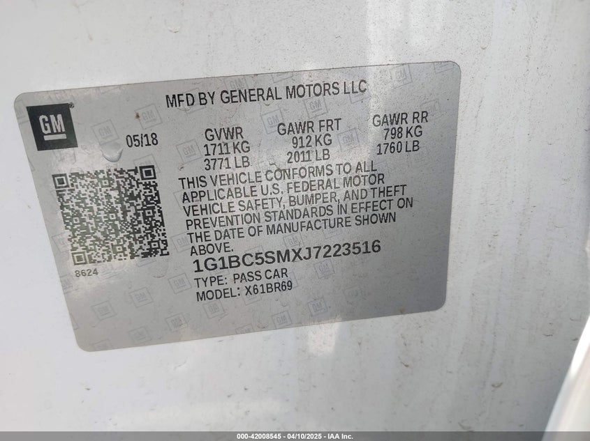 2018 CHEVROLET CRUZE VIN: 1G1BC5SMXJ7223516