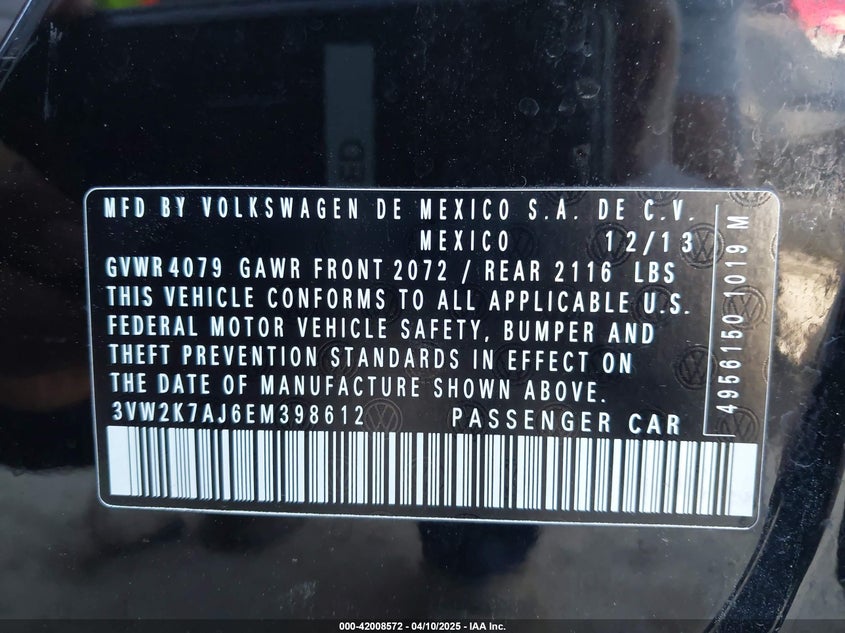 2014 VOLKSWAGEN JETTA VIN: 3VW2K7AJ6EM398612