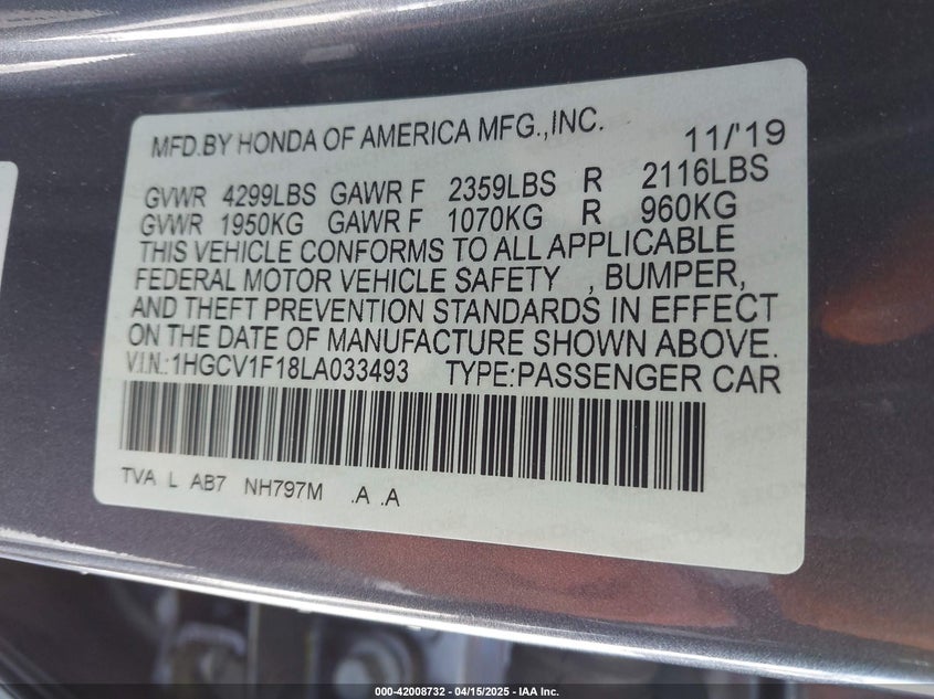 2020 HONDA ACCORD VIN: 1HGCV1F18LA033493