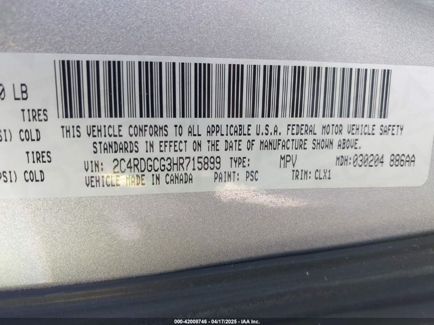2017 Dodge Grand Caravan Sxt VIN: 2C4RDGCG3HR715899 Lot: 42008746