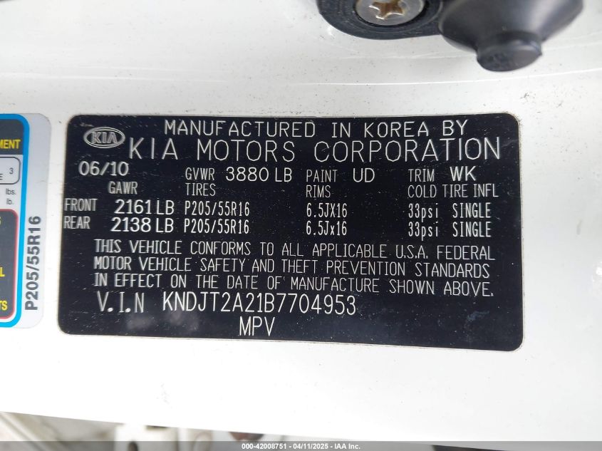 2011 Kia Soul + VIN: KNDJT2A21B7704953 Lot: 42008751