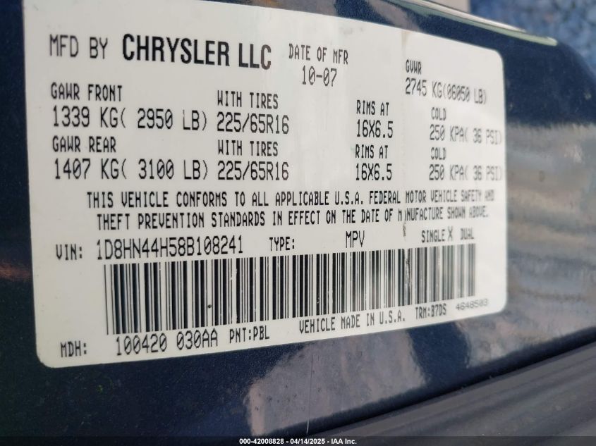 2008 Dodge Grand Caravan Se VIN: 1D8HN44H58B108241 Lot: 42008828