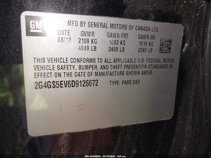2013 BUICK REGAL VIN: 2G4GS5EV6D9126672