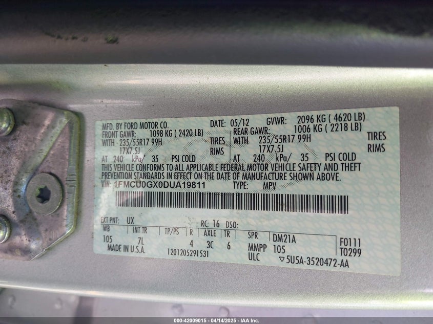 2013 FORD ESCAPE VIN: 1FMCU0GX0DUA19811