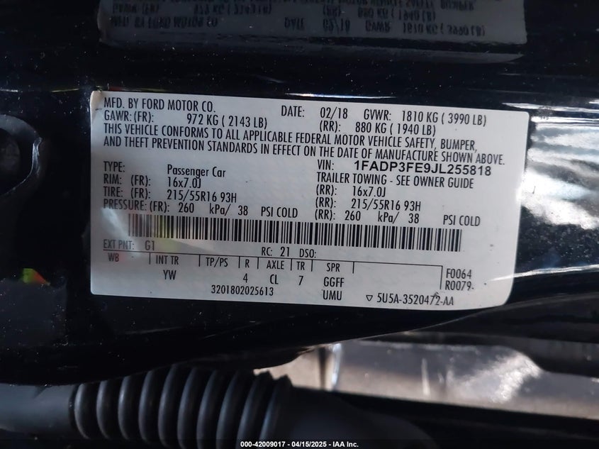 2018 FORD FOCUS VIN: 1FADP3FE9JL255818