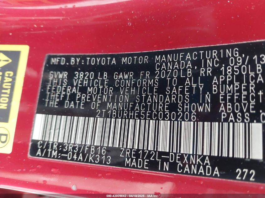 2014 Toyota Corolla Le VIN: 2T1BURHE5EC030206 Lot: 42009042