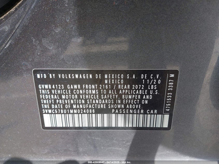 2021 VOLKSWAGEN JETTA VIN: 3VWC57BU1MM024086
