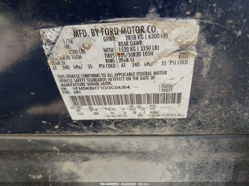 2016 Ford Explorer Platinum VIN: 1FM5K8HT1GGC04364 Lot: 42009092