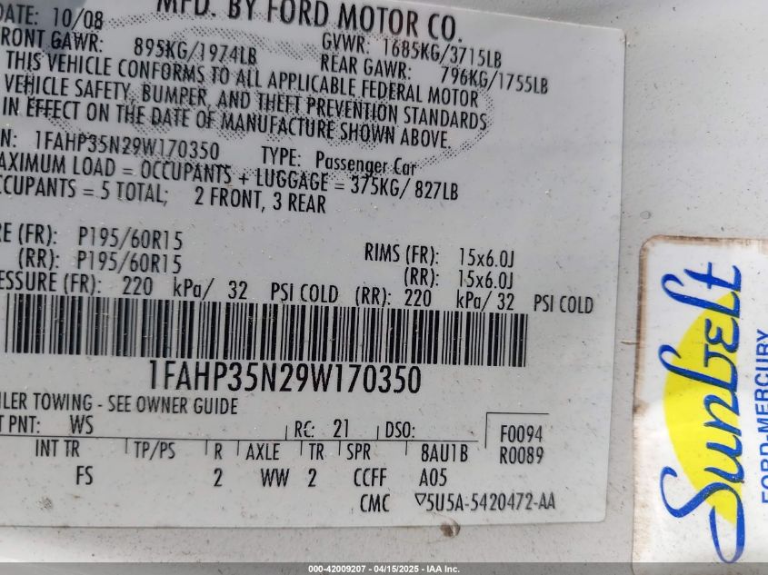 2009 Ford Focus Se VIN: 1FAHP35N29W107350 Lot: 42009207