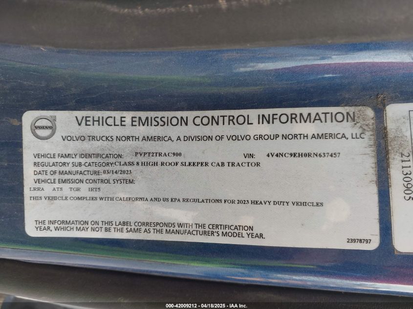 2024 Volvo Vnl VIN: 4V4NC9EH0RN637457 Lot: 42009212