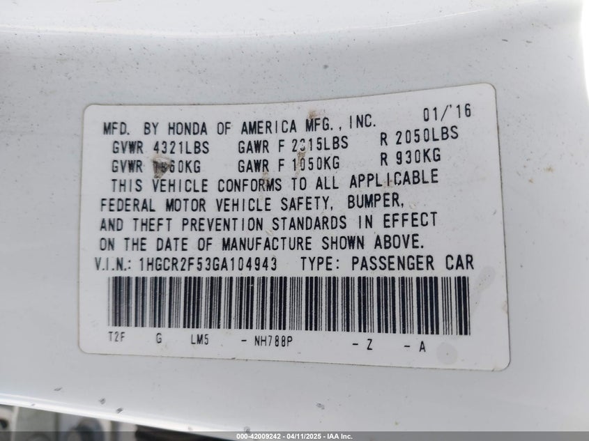 2016 HONDA ACCORD VIN: 1HGCR2F53GA104943