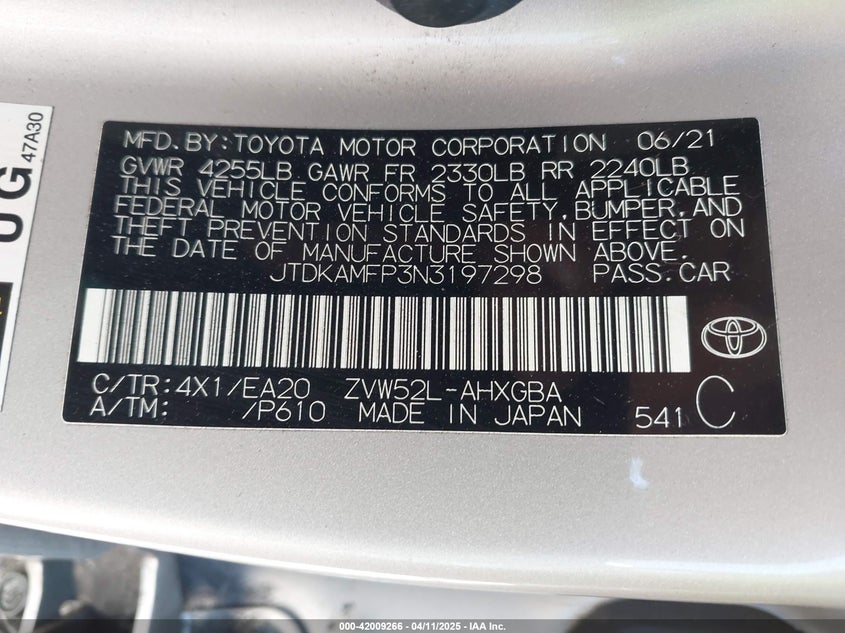 VIN JTDKAMFP3N3197298 2022 TOYOTA PRIUS PRIME XLE