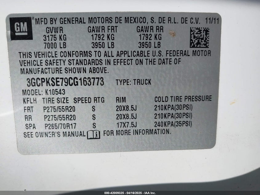 2012 CHEVROLET SILVERADO 1500 VIN: 3GCPKSE79CG163773