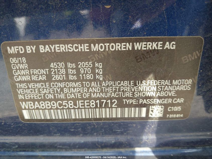 2018 BMW 330I VIN: WBA8B9C58JEE81712 Lot: 42009370