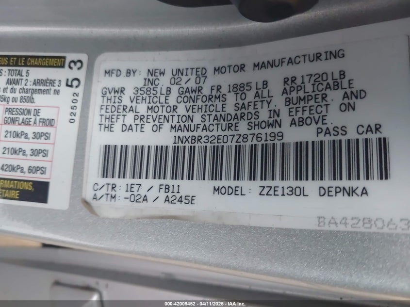 2007 TOYOTA COROLLA VIN: 1NXBR32E07Z876199