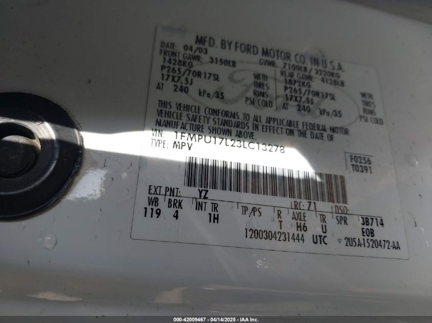 2003 Ford Expedition Eddie Bauer VIN: 1FMPU17L23LC13278 Lot: 42009467