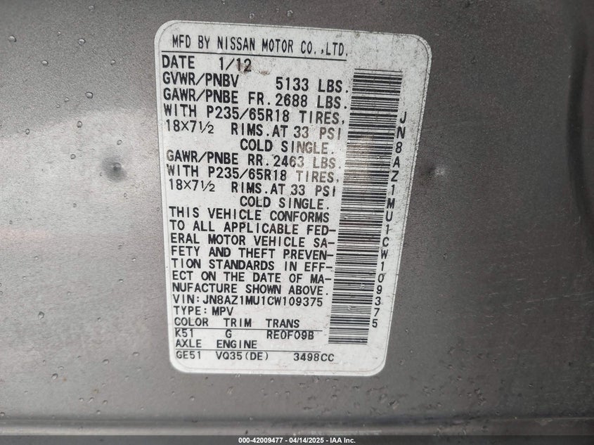 2012 NISSAN MURANO VIN: JN8AZ1MU1CW109375