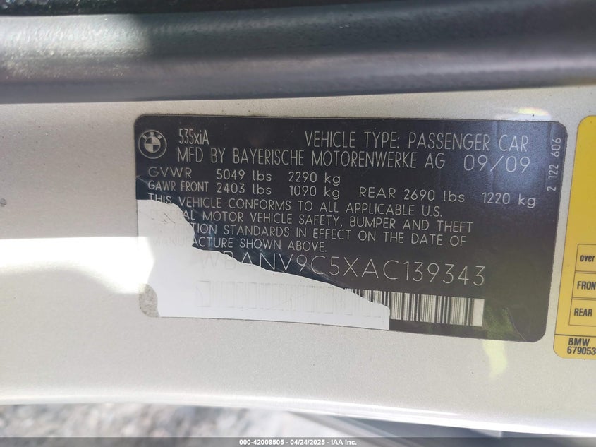 2010 BMW 535I VIN: WBANV9C5XAC139343