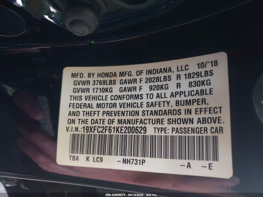 2019 Honda Civic Lx VIN: 19XFC2F61KE200629 Lot: 42009570