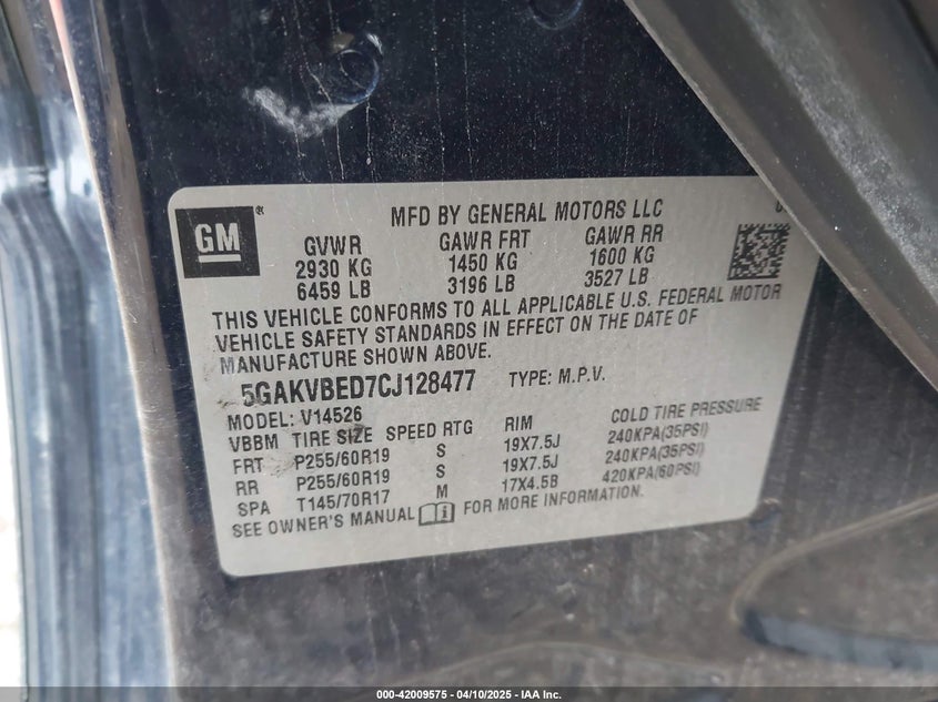 2012 BUICK ENCLAVE VIN: 5GAKVBED7CJ128477