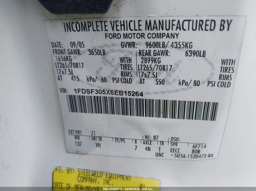 2006 FORD F 350 VIN: 1FDSF305X6EB15264