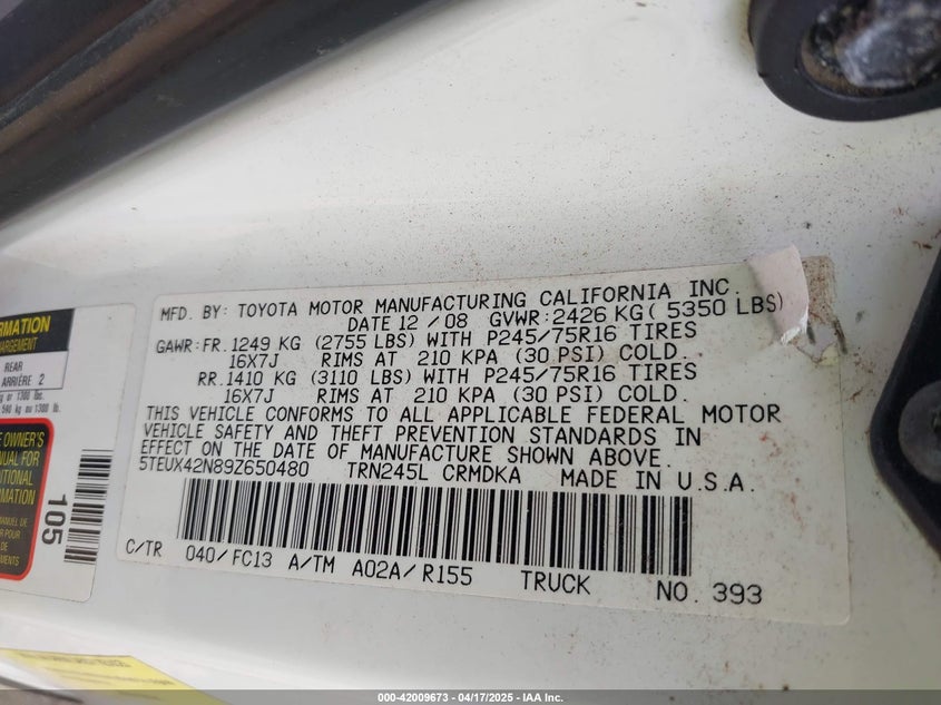 2009 TOYOTA TACOMA VIN: 5TEUX42N89Z650480