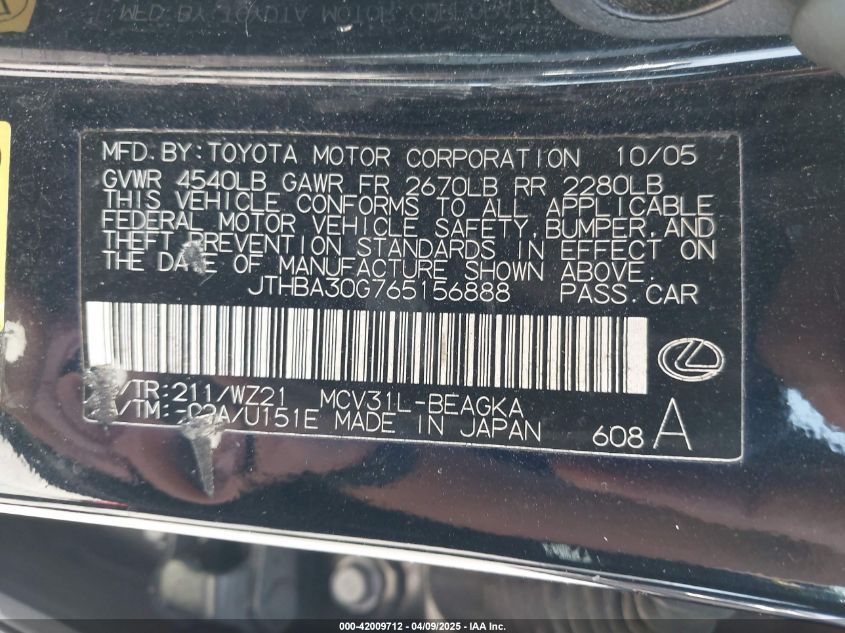 2006 Lexus Es 330 VIN: JTHBA30G765156888 Lot: 42009712