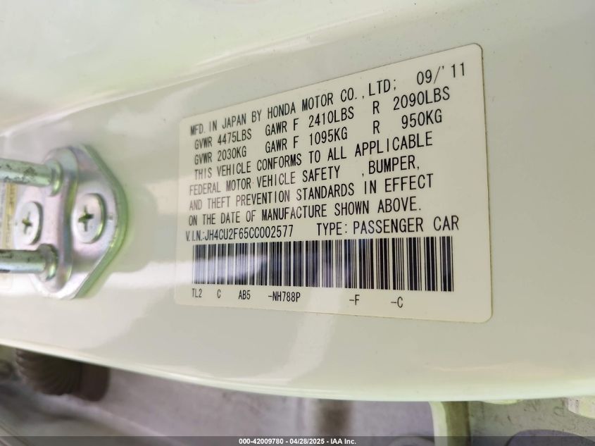 2012 Acura Tsx 2.4 VIN: JH4CU2F65CC002577 Lot: 42009780