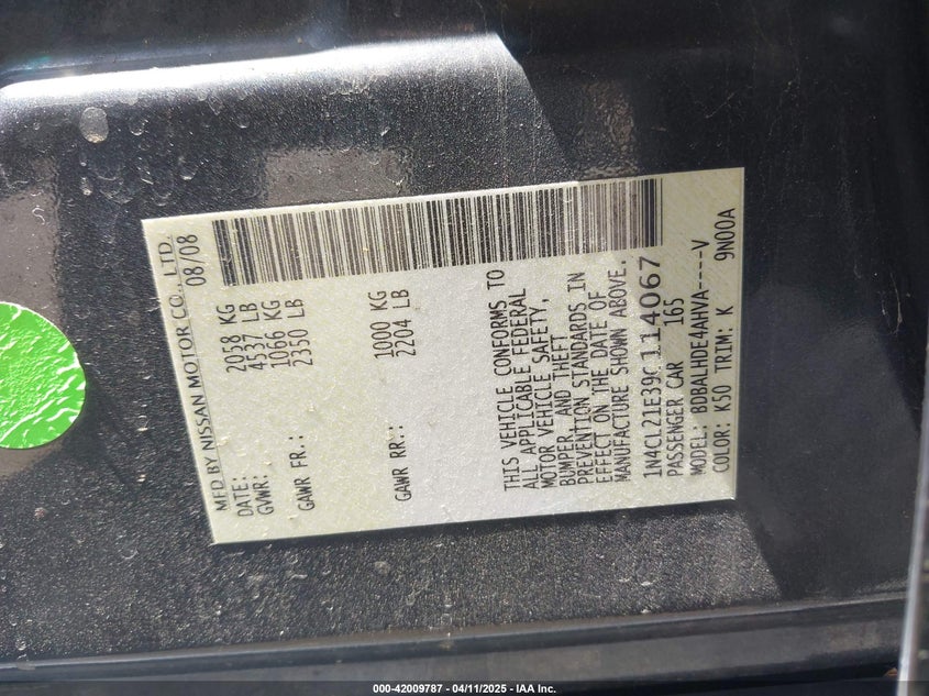 2009 NISSAN ALTIMA HYBRID VIN: 1N4CL21E39C114067