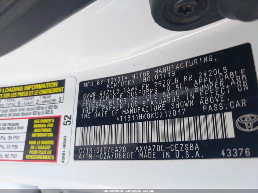 2019 TOYOTA CAMRY VIN: 4T1B11HK0KU212017