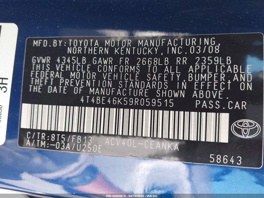 2009 TOYOTA CAMRY VIN: 4T4BE46K59R059515