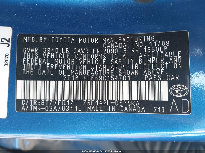 2009 TOYOTA COROLLA VIN: 2T1BU40E69C154781