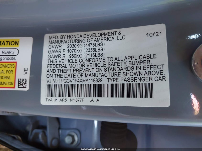 2021 HONDA ACCORD VIN: 1HGCV1F4XMA118329