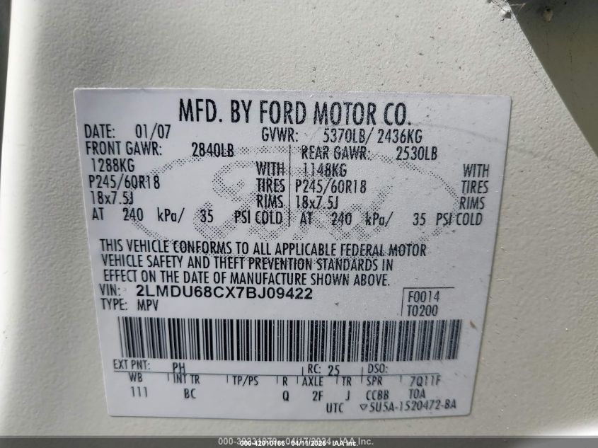 2007 Lincoln Mkx VIN: 2LMDU68CX7BJ09422 Lot: 42010166