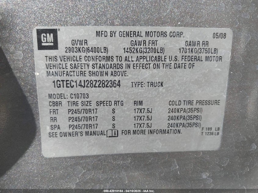 2008 GMC SIERRA 1500 VIN: 1GTEC14J28Z282364