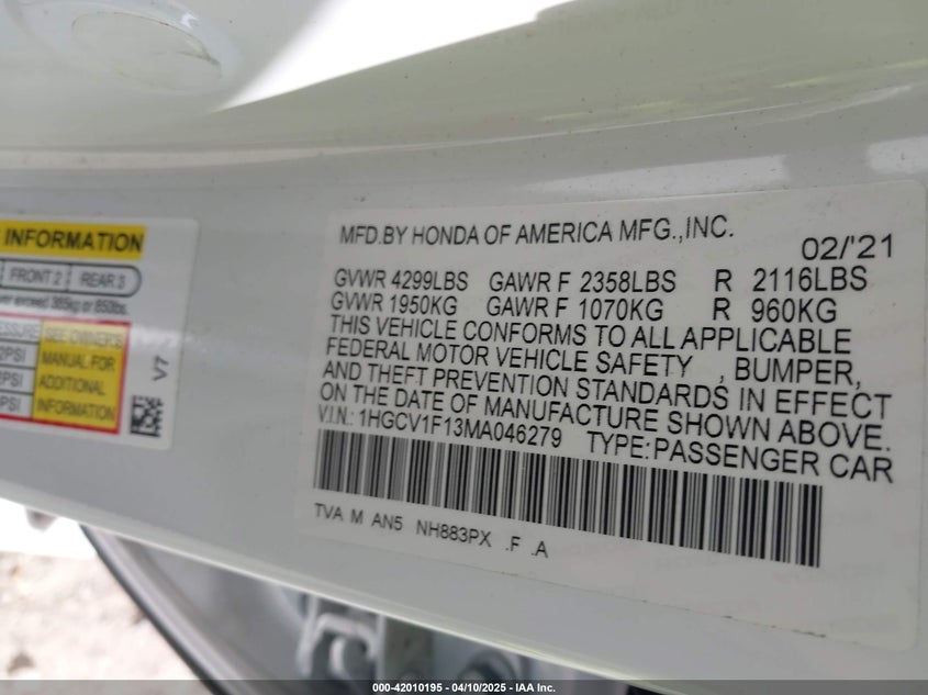 2021 HONDA ACCORD VIN: 1HGCV1F13MA046279