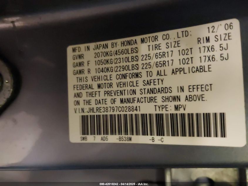 2007 Honda Cr-V Ex-L VIN: JHLRE38797C028841 Lot: 42010242