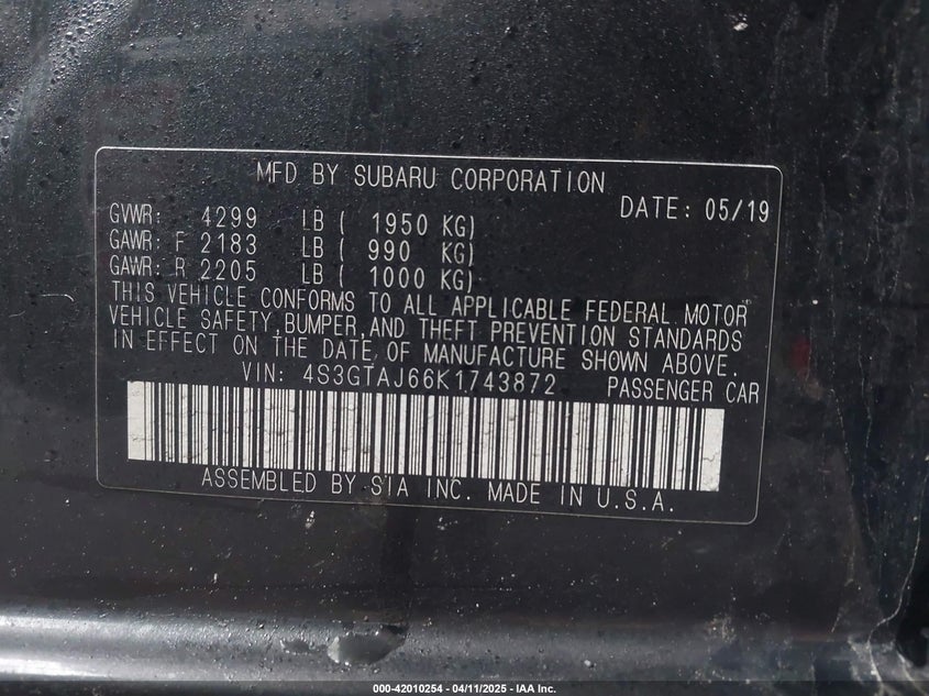 2019 SUBARU IMPREZA 2.0I SPORT - 4S3GTAJ66K1743872