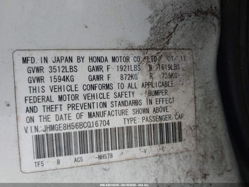2011 Honda Fit Sport VIN: JHMGE8H56BC016704 Lot: 42010335