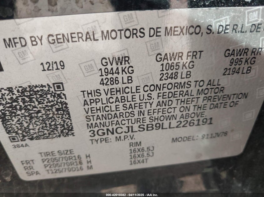 2020 CHEVROLET TRAX FWD LT - 3GNCJLSB9LL226191