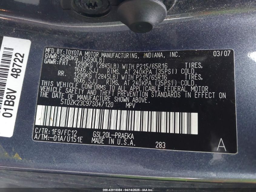 2007 Toyota Sienna Le VIN: 5TDBK23C97S047120 Lot: 42010384