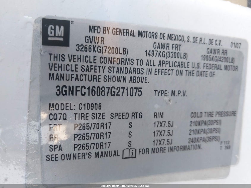 2007 CHEVROLET SUBURBAN VIN: 3GNFC16087G271075