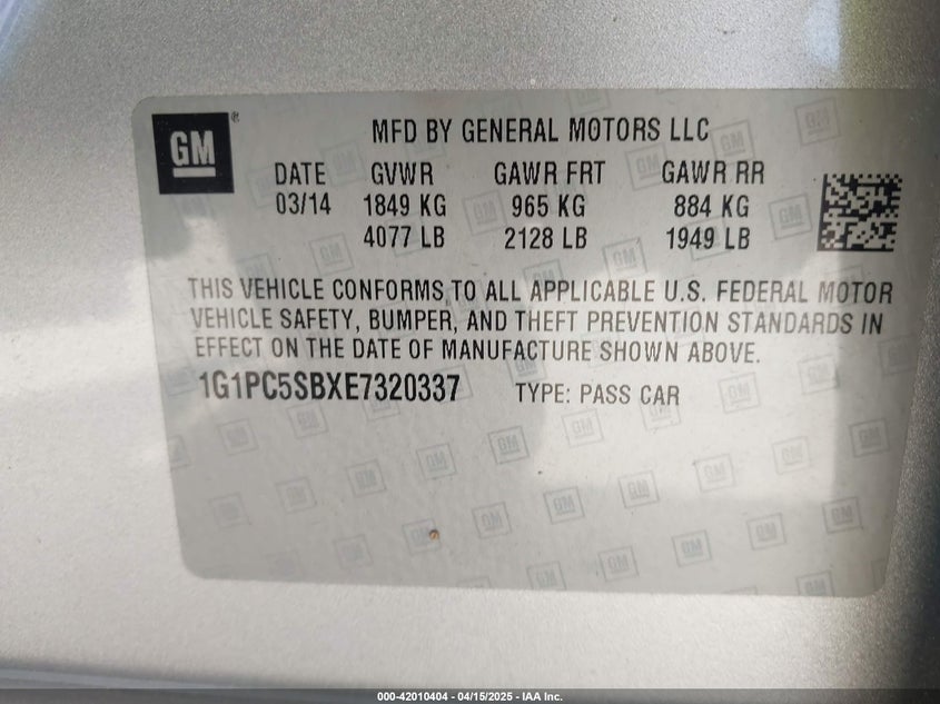 2014 CHEVROLET CRUZE VIN: 1G1PC5SBXE7320337