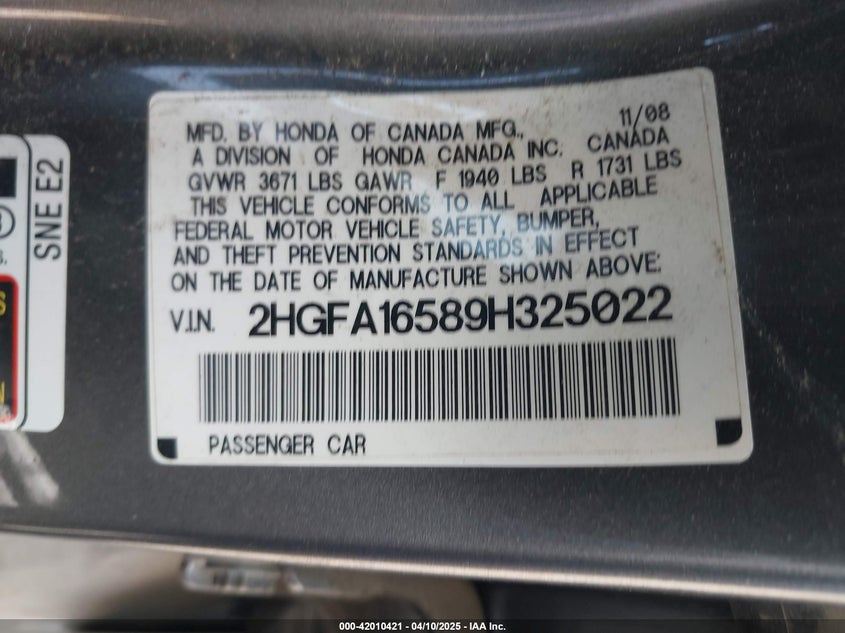 2009 HONDA CIVIC VIN: 2HGFA16589H325022