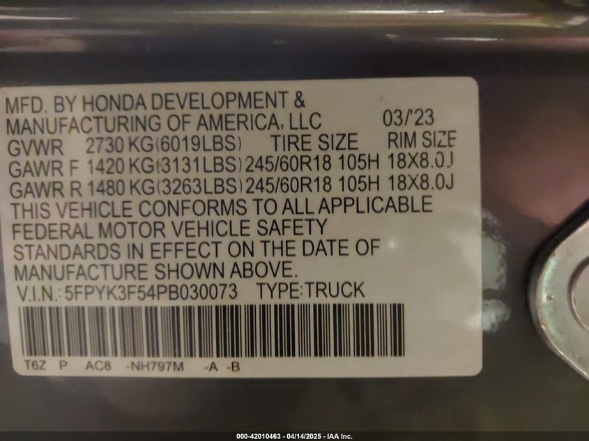 5FPYK3F54PB030073 2023 HONDA RIDGELINE photo no. 9