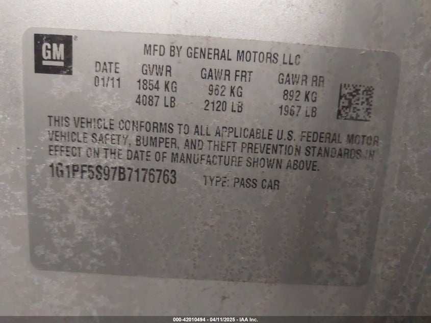 2011 CHEVROLET CRUZE VIN: 1G1PF5S97B7176763