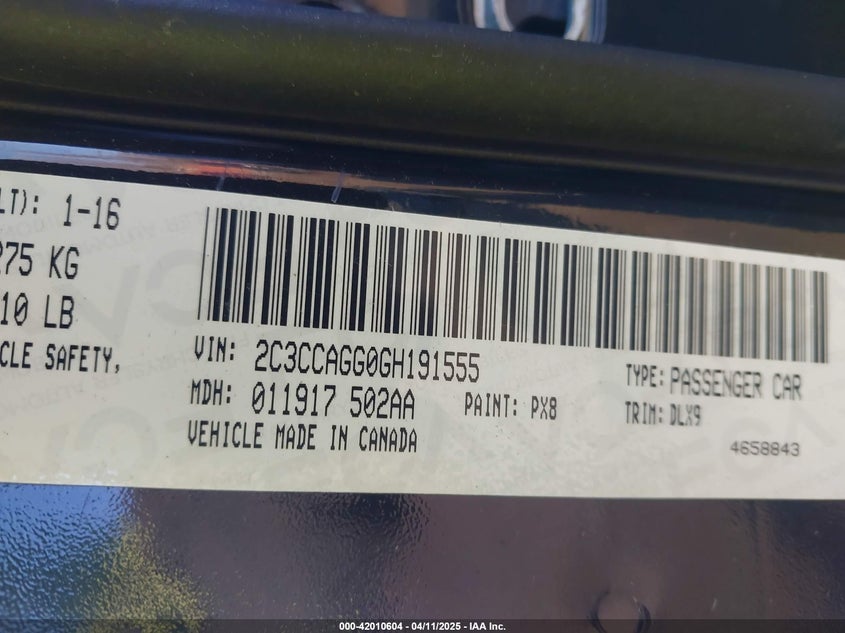 2016 CHRYSLER 300 VIN: 2C3CCAGG0GH191555