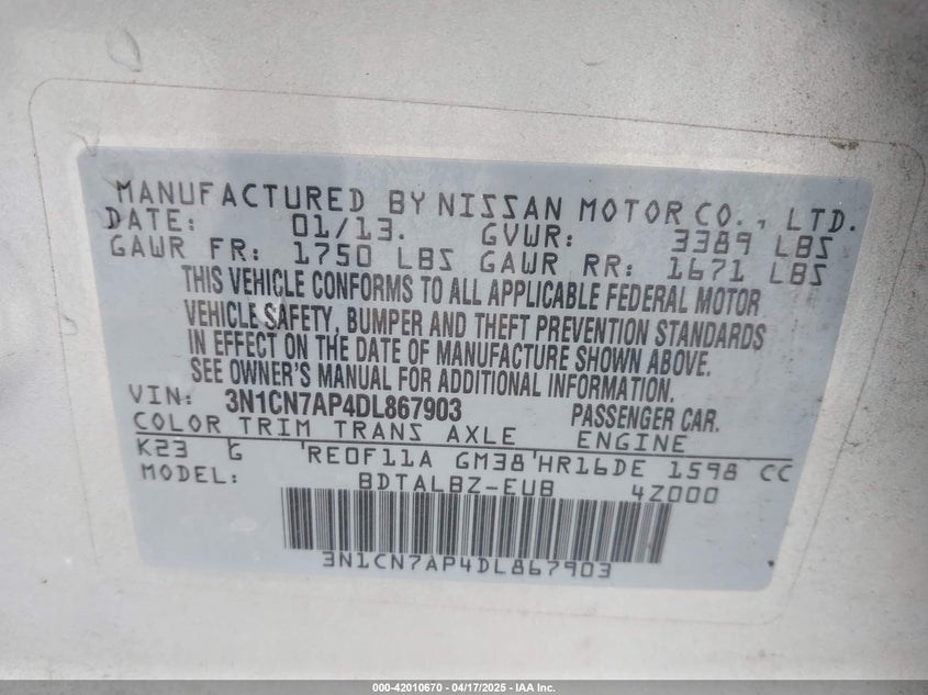 2013 NISSAN VERSA VIN: 3N1CN7AP4DL867903