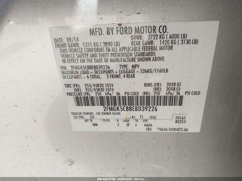 2014 Ford Flex Sel VIN: 2FMGK5C88EBD39226 Lot: 42010756