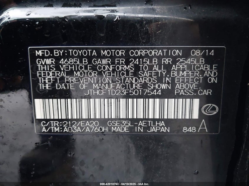 2015 LEXUS IS 250 VIN: JTHCF1D23F5017544